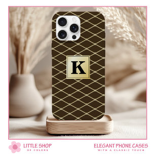 エレガントなブラックゴールドダイヤモンドパターンモノグラム iPhone 15ケース