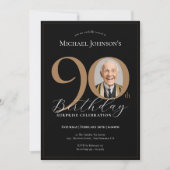 エレガントなブラックゴールドフォトサプライズ90歳の誕生日 招待状 (正面)