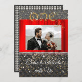 エレガントなブラックゴールド＆パール 1周年記念 招待状 (正面/裏面)