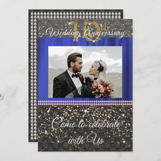 エレガントなブラックゴールド&パール 10周年記念 招待状 (正面/裏面)