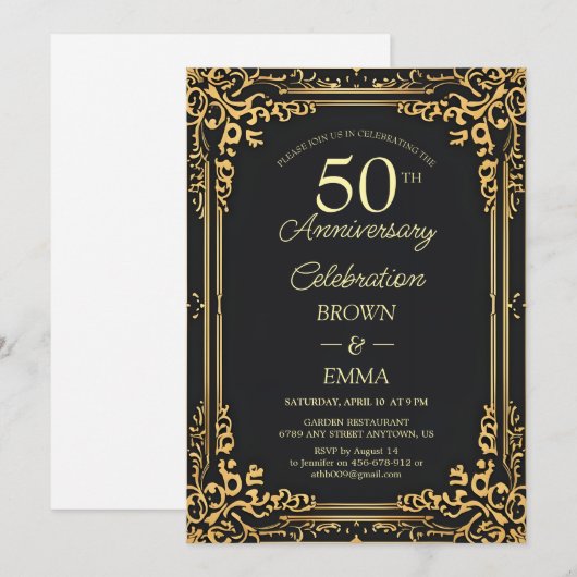 エレガントなブラックゴールド 50周年記念祝賀会の案内 招待状 (正面/裏面)