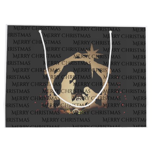 エレガントなブラックシルバーのキリスト降誕 楽しいクリスマス ラージペーパーバッグ (裏面)