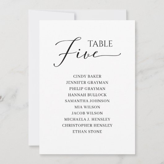 エレガントなブラックスクリプトテーブル番号5着席チャート 招待状 (正面)