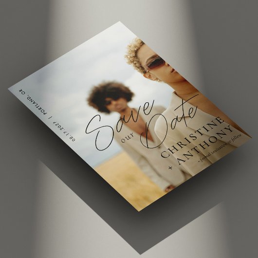 エレガントなブラックスクリプト写真セーブ・ザ・デートカード セーブザデート