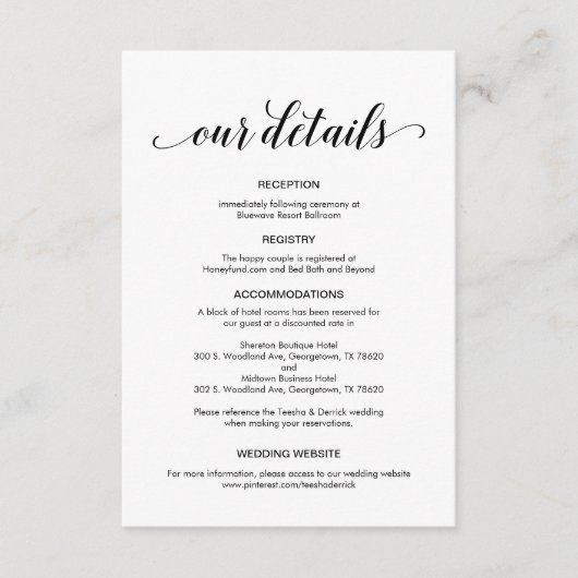 エレガントなブラックスクリプト、結婚式の詳細情報 エンクロージャーカード (正面)