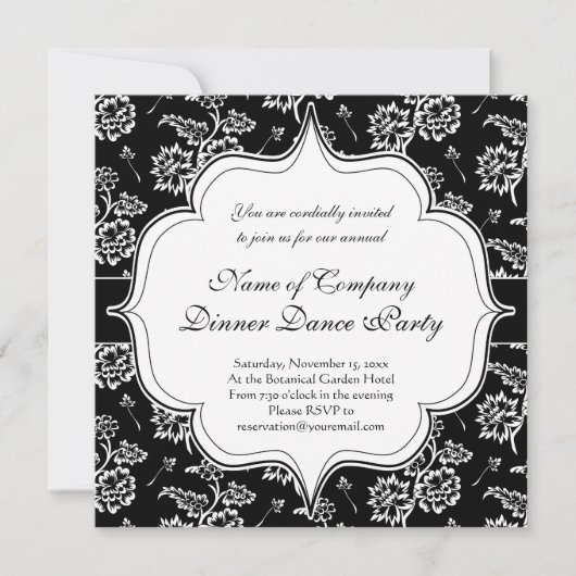 エレガントなブラックタイのフォーマルなディナー・ダンスパーティ 招待状 (正面)