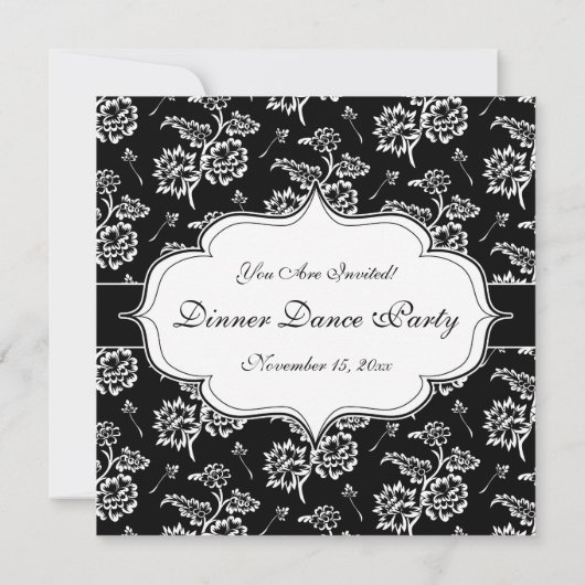 エレガントなブラックタイのフォーマルなディナー・ダンス・パーティ 招待状 (裏面)