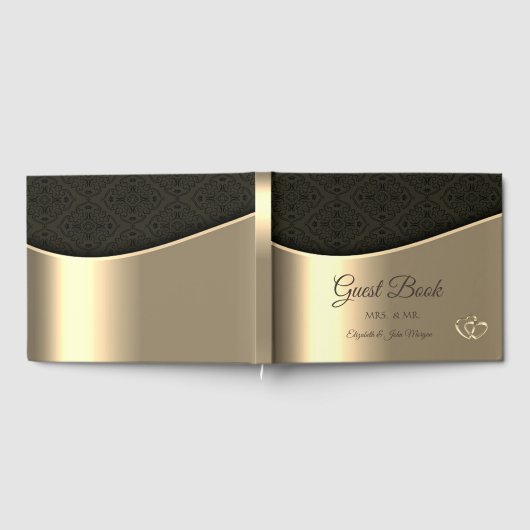 エレガントなブラックダマスクゴールドのウェディング ゲストブック (全面)