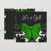 エレガントなブラックダマスク エメラルドグリーン ベビーシャワー 招待状 (正面/裏面)