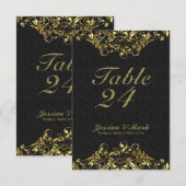 エレガントなブラックダマスク & ゴールド フローラルレース 招待状 (正面/裏面)