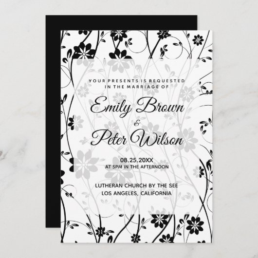 エレガントなブラックデリケートフラワーズウェディング 招待状 (正面/裏面)