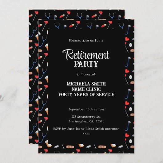 エレガントなブラックドクター看護師退職パーティー 招待状 (正面/裏面)