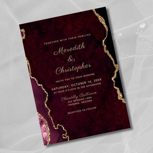 エレガントなブラックバーガンディアゲートの結婚式 招待状