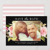 エレガントなブラックピンクの水彩花のウェディングフォト セーブザデート (正面/裏面)