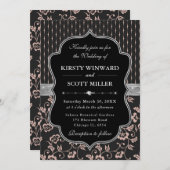 エレガントなブラックピンクフレームの花柄ウェディング 招待状 (正面/裏面)