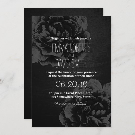 エレガントなブラックフラワーのヴィンテージウェディング 招待状 (正面/裏面)