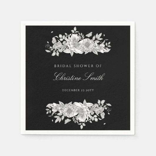 エレガントなブラックフラワーブライダルシャワーナプキン スタンダードカクテルナプキン (正面)