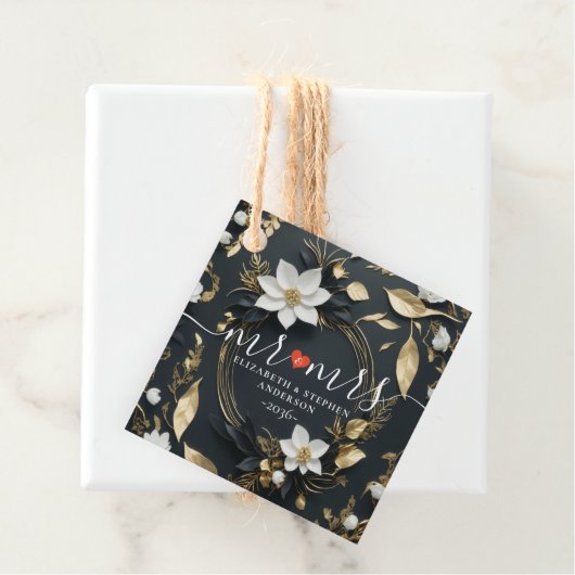 エレガントなブラックホワイトゴールドの花輪 ウェディング フェイバータグ (インサイチュ)