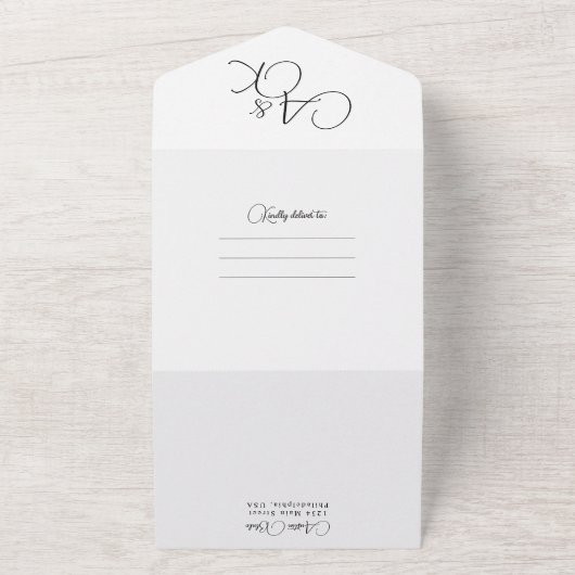 エレガントなブラックホワイトモノグラムスクリプト写真ウェディング オールインワン招待状 (外側)