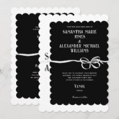 エレガントなブラックホワイトリボンボウモノグラムウェディング 招待状 (正面/裏面)