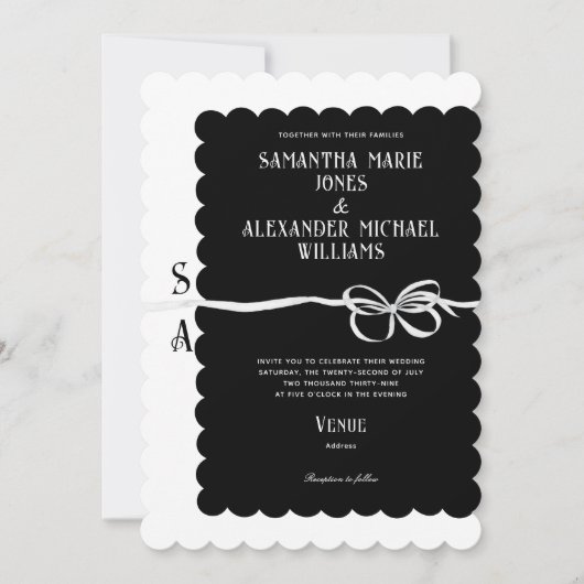 エレガントなブラックホワイトリボンボウモノグラムウェディング 招待状 (正面)