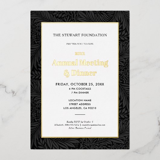 エレガントなブラックボタニカル年次ビジネスディナー 箔招待状 (正面)