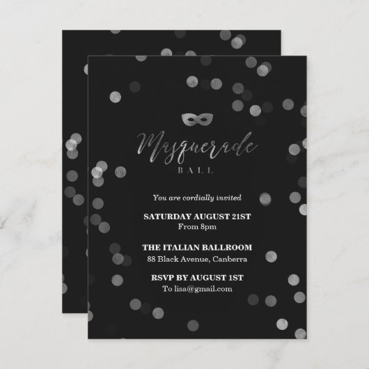 エレガントなブラックマスカレードボールパーティー 招待状 (正面/裏面)