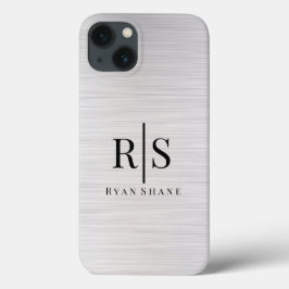 エレガントなブラックモノグラムと名前, ブラッシュドシルバー iPhone 13ケース