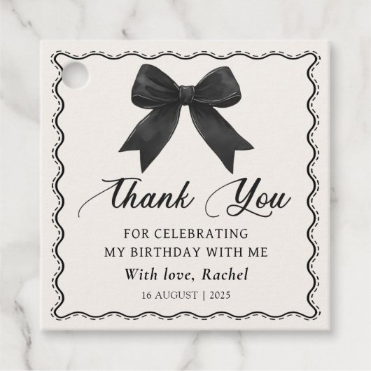 エレガントなブラックリボン 誕生日ギフトタグ フェイバータグ (正面)
