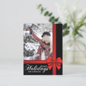 エレガントなブラックレッドボー クリスマスギフト包装 | フォト シーズンポストカード (スタンド正面)