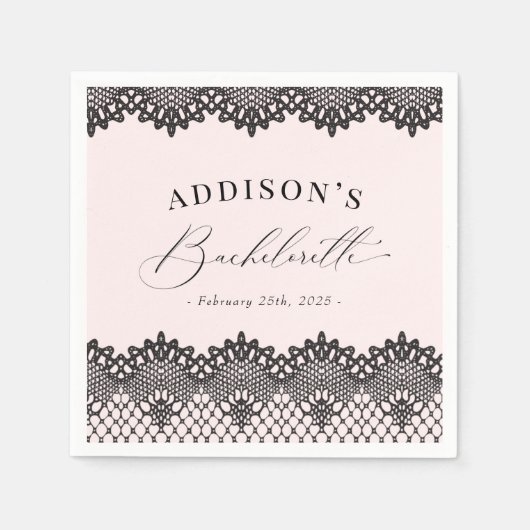 エレガントなブラックレースピンクのブライズメイドパーティー スタンダードカクテルナプキン (正面)
