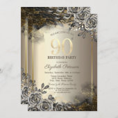 エレガントなブラックローズとストリングライト 90歳の誕生日 招待状 (正面/裏面)