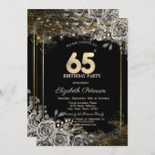 エレガントなブラックローズとライト ブラック 65歳の誕生日 招待状 (正面/裏面)