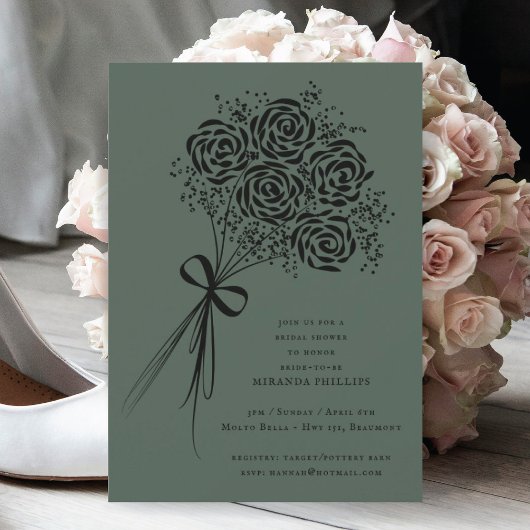 エレガントなブラックローズブーケ ブライダルシャワー 招待状