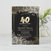 エレガントなブラックローズ、ライト ブラック 40歳の誕生日 招待状 (スタンド正面)
