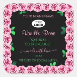 エレガントなブラック製品ラベルロゴ ピンクのバラフレーム スクエアシール