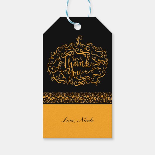 エレガントなブラック＆オレンジのカボチャ 秋のサンキュー ギフトタグ (正面)
