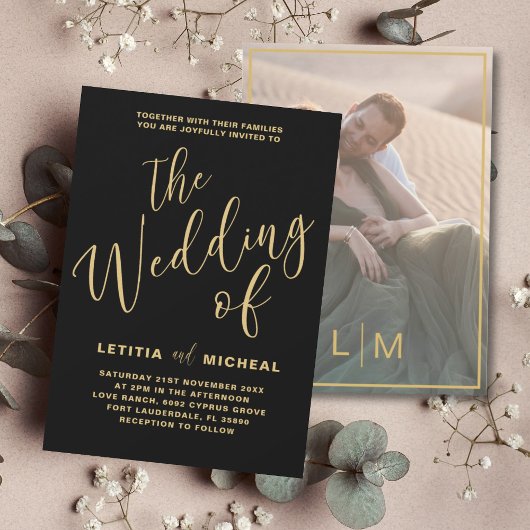 エレガントなブラック＆ゴールドのカリグラフィー結婚式 招待状