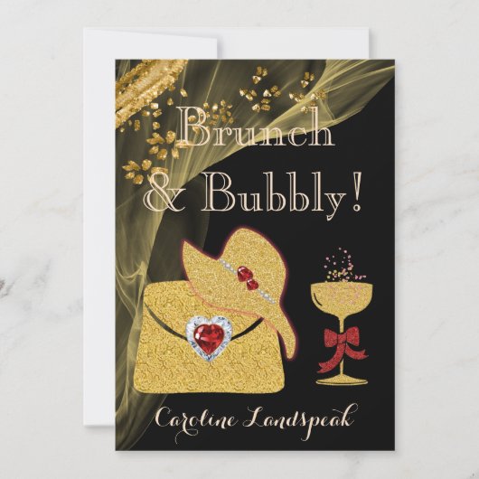 エレガントなブラック&ゴールドのブランチ&バブル ブライズシャワー 招待状 (正面)