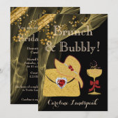 エレガントなブラック&ゴールドのブランチ&バブル ブライズシャワー 招待状 (正面/裏面)