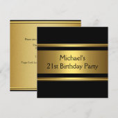 エレガントなブラック＆ゴールドのメタリック 21歳の誕生日パーティー 招待状 (正面/裏面)