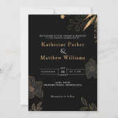 エレガントなブラック＆ゴールドの花のミニマルな写真 招待状 (正面)