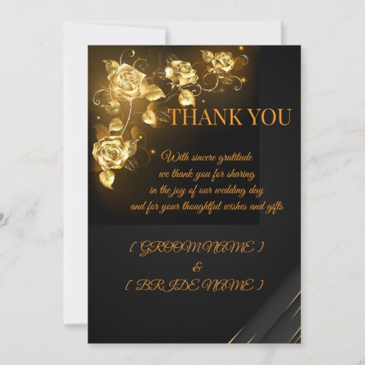 エレガントなブラック＆ゴールドの花柄の感謝カード 招待状 (正面)
