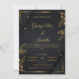 エレガントなブラック&ゴールドの花柄の「Save the Date」カード セーブザデート