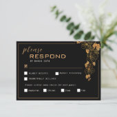 エレガントなブラック＆ゴールドの葉 出欠カード (スタンド正面)