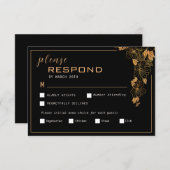 エレガントなブラック＆ゴールドの葉 出欠カード (正面/裏面)