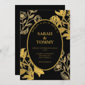 エレガントなブラック＆ゴールドの野の花 現代のウェディング 招待状 (正面/裏面)
