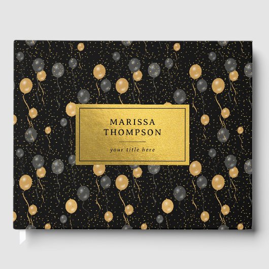 エレガントなブラック&ゴールドの風船 記念品 ゲストブック (正面)