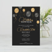 エレガントなブラック＆ゴールドの風船 誕生日ディナー 招待状 (スタンド正面)
