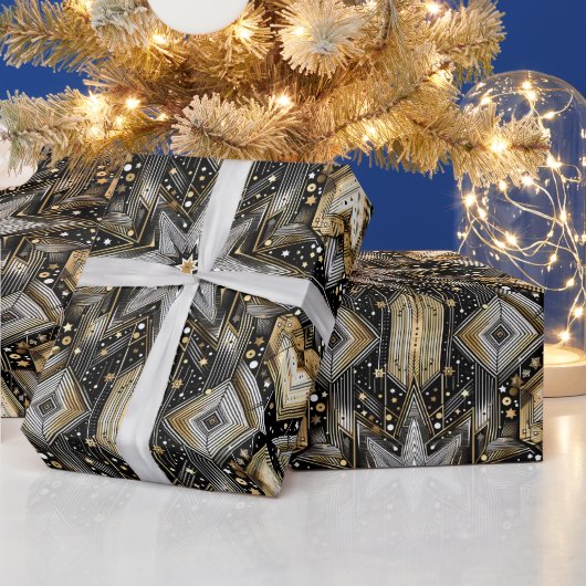 エレガントなブラック&ゴールドアートデコスターパターン ラッピングペーパー (クリスマス)